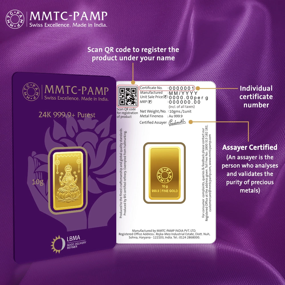 10 g Lakshmi लक्ष्मी Gold bar 24K 999.9 Purity